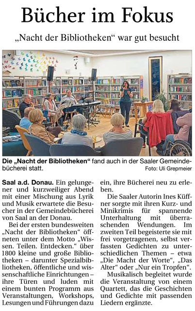 Zeitungsartikel Nacht der Bebliotheken 2025 Buecherei Saal